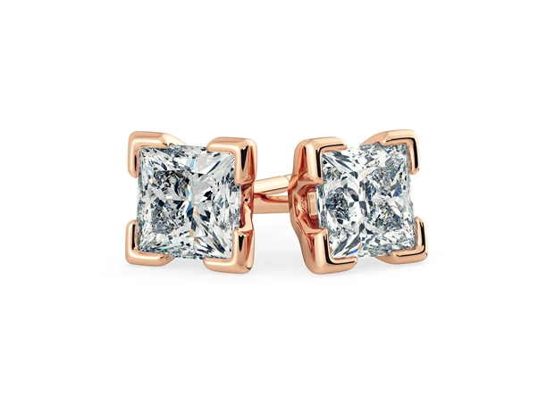 Aura Princess Diamond Stud Earrings in 18K Rose Gold with Butterfly Backs