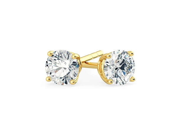 Two Carat Lab Grown Round Brilliant Diamond Stud Earrings in 18K Yellow Gold