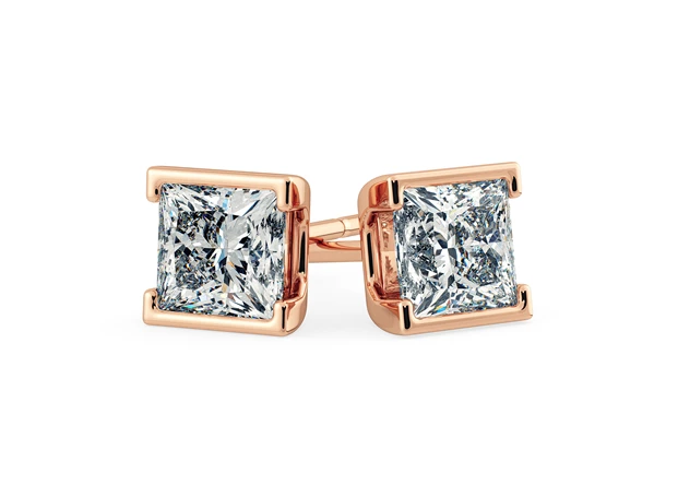 Alvera Princess Diamond Stud Earrings in 18K Rose Gold with Butterfly Backs