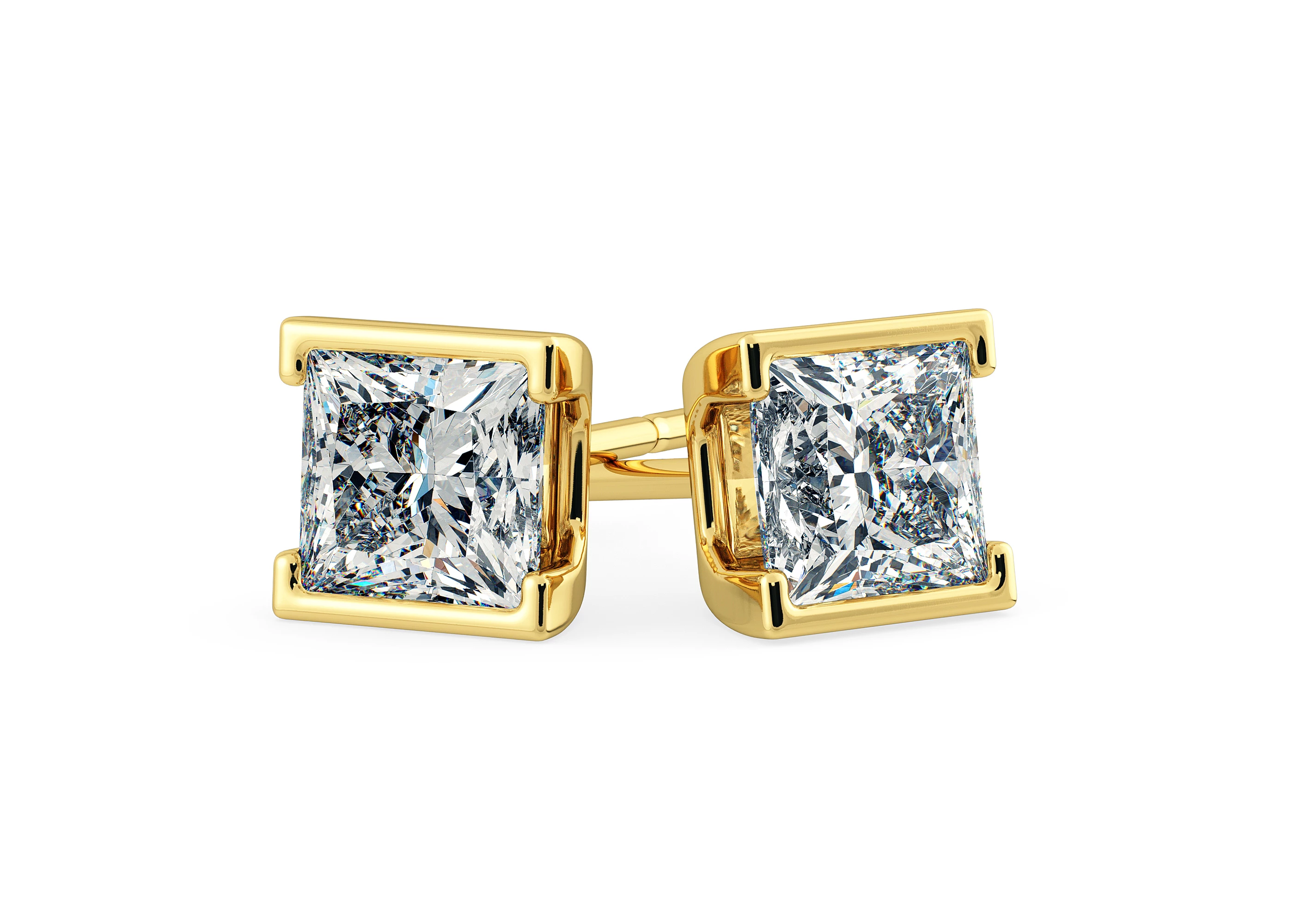Alvera Princess Diamond Stud Earrings in 18K Yellow Gold with Butterfly Backs