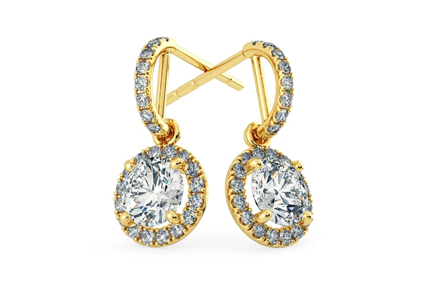 Bijou Round Brilliant Diamond Drop Earrings in 18K Yellow Gold with Alpha Backs