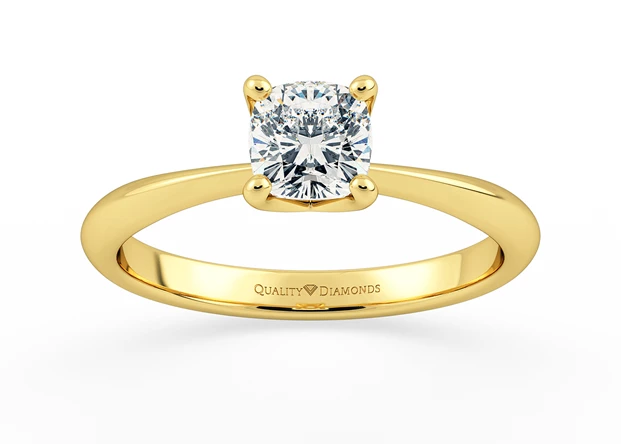 One Carat Lab Grown Cushion Solitaire Diamond Engagement Ring in 18K Yellow Gold