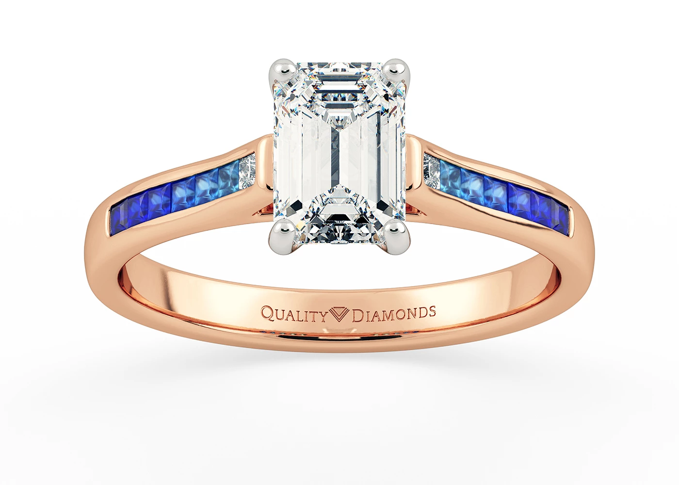 Blue Sapphire and Diamond Set Emerald Jiya Diamond Ring in 18K Rose Gold