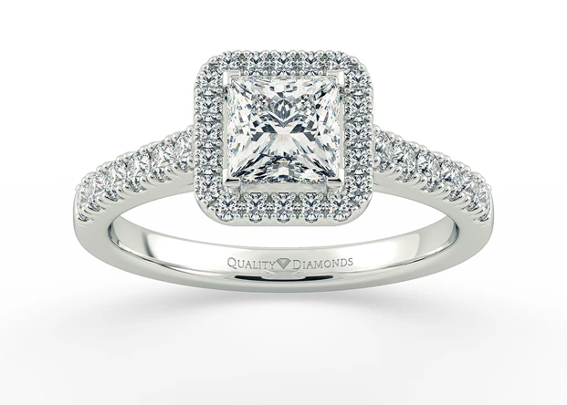 One Carat Lab Grown Princess Halo Diamond Ring in 9K White Gold