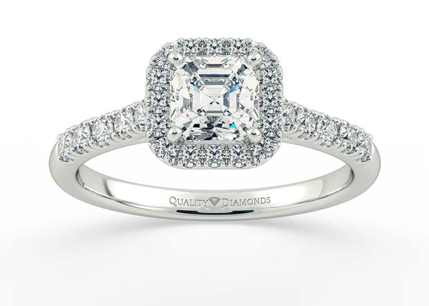 Two Carat Halo Asscher Diamond Ring in 9K White Gold