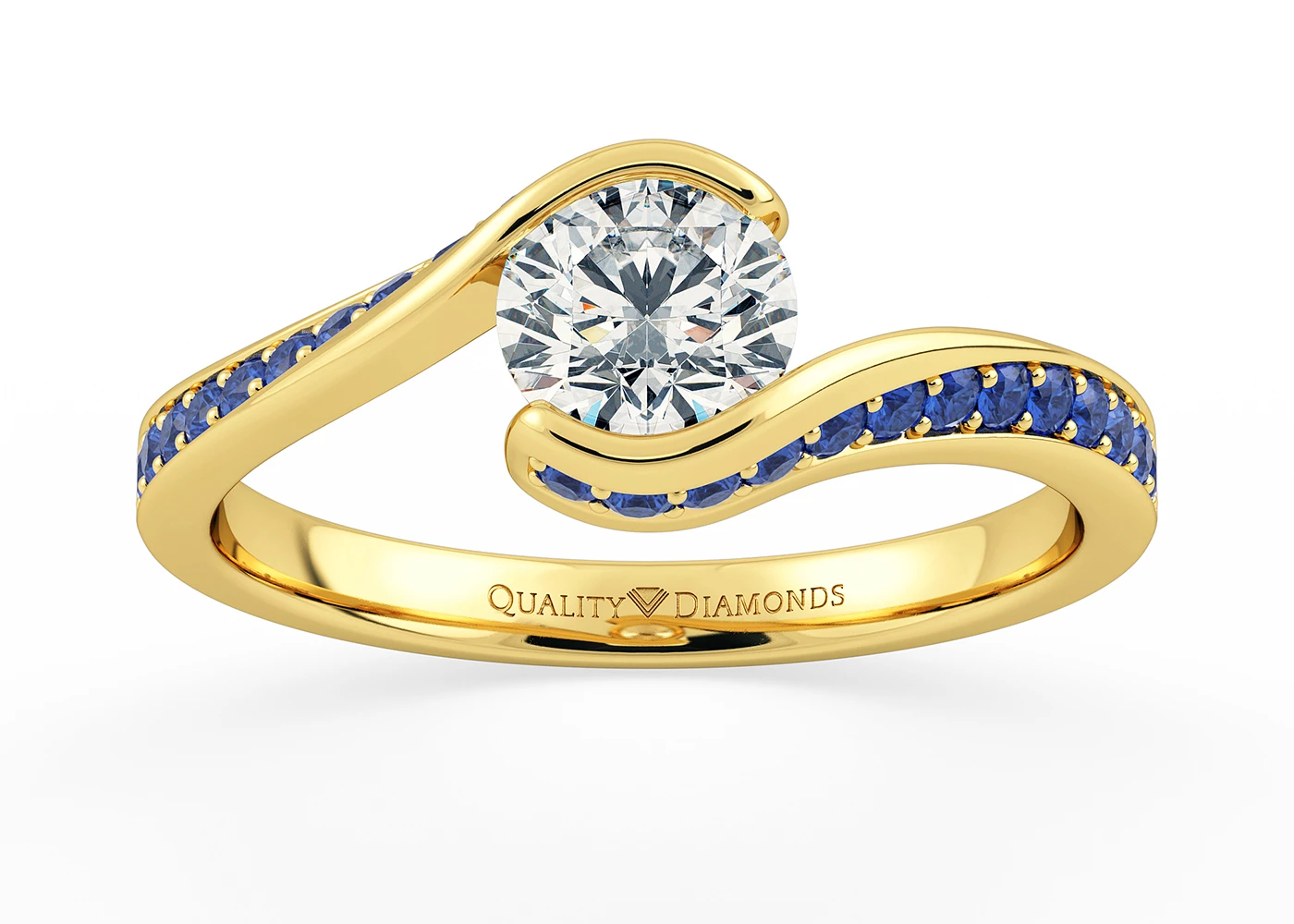 Blue Sapphire and Diamond Set Round Brilliant Hermosa Diamond Ring in 18K Yellow Gold